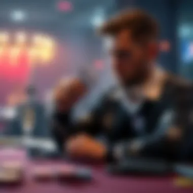 Poker player reflecting on decisions A poker player analyzing their hand and past gameplay at a table, considering their moves and outcomes.