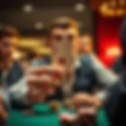 Poker Player Revealing Burn Card A poker player showing a burn card during a game, with other players observing in surprise.