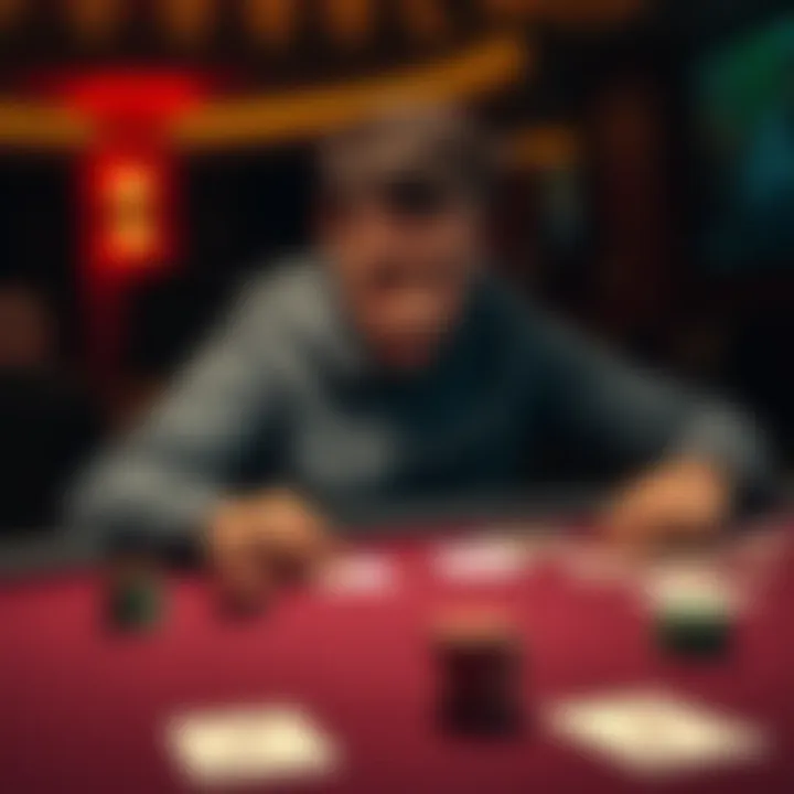 A poker player looks thoughtful at a card table, showing signs of frustration. Chips are scattered, and a deck of cards is nearby, indicating a recent game. The player's expression shows contemplation...