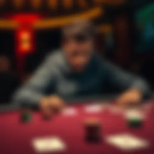 Poker player reflecting on a setback A poker player looks thoughtful at a card table, showing signs of frustration. Chips are scattered, and a deck of cards is nearby, indicating a recent game. The player's expression shows contemplation...