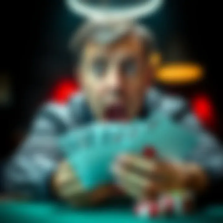 Poker player looking shocked at his cards A poker player showing a shocked expression as he realizes he made a mistake by not checking his hand before going all-in