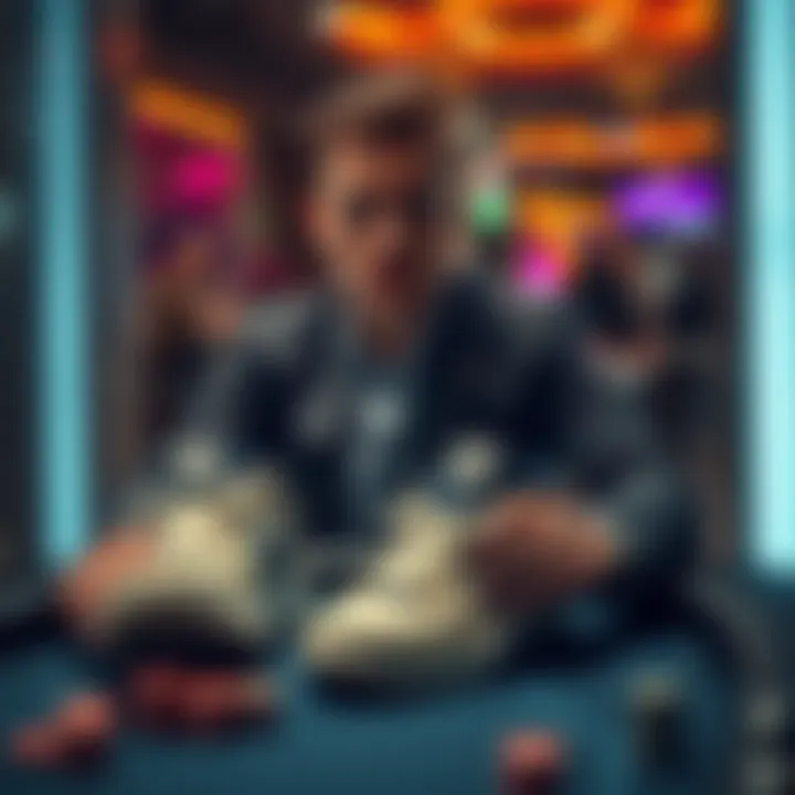 Poker player wearing stylish shoes at a table A poker player seated at a table, showcasing trendy footwear while playing a poker game