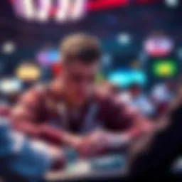 A focused poker player analyzing their short stack in a tournament setting, considering tactical moves