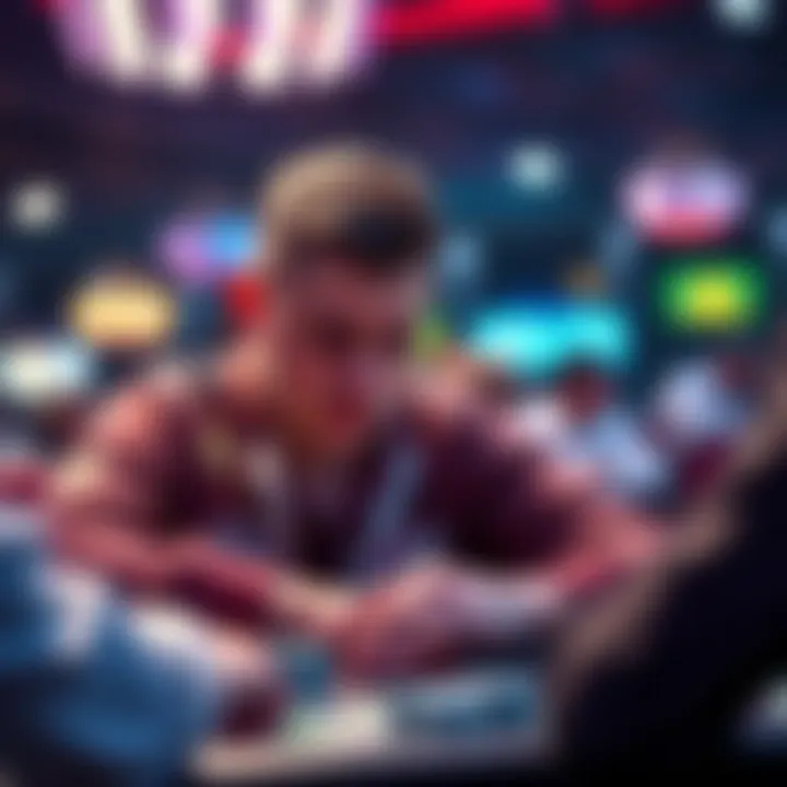 Poker player focused on short stack strategy A focused poker player analyzing their short stack in a tournament setting, considering tactical moves