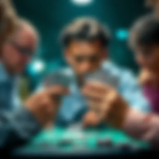 A poker player reveals their cards while others watch closely, highlighting a moment of strategy in a game.