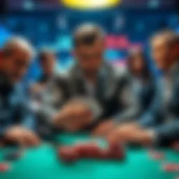 A poker player revealing his cards at a table surrounded by focused opponents