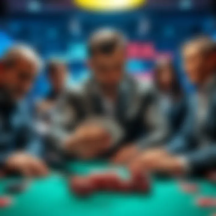 A poker player revealing his cards at a table surrounded by focused opponents