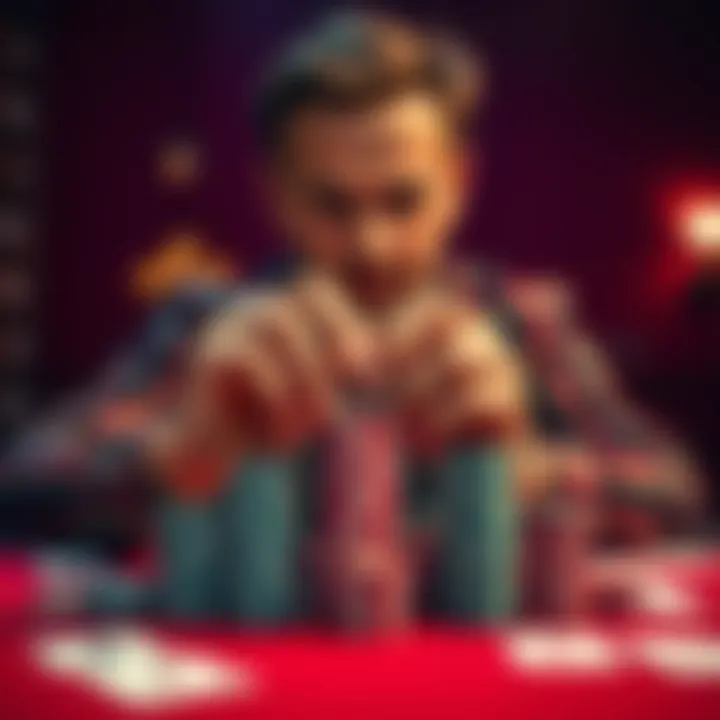 A poker player carefully stacks chips after a win, surrounded by cards and a focused expression, representing superstitions in poker.