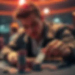 A poker player intently stacking chips and glancing at their cards on the table
