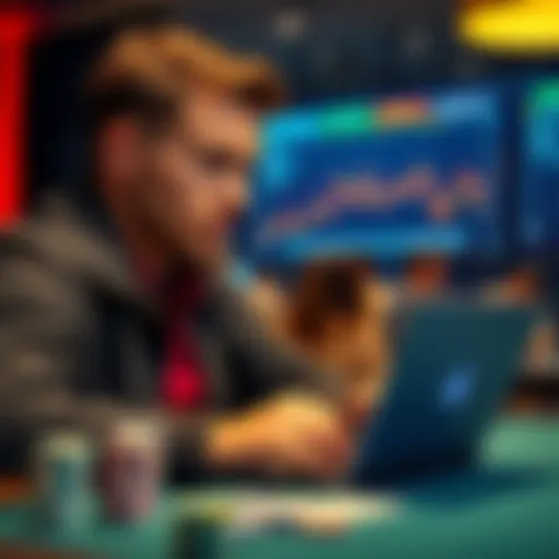 A focused poker player reviewing their game statistics on a laptop, considering moving to higher stakes games.