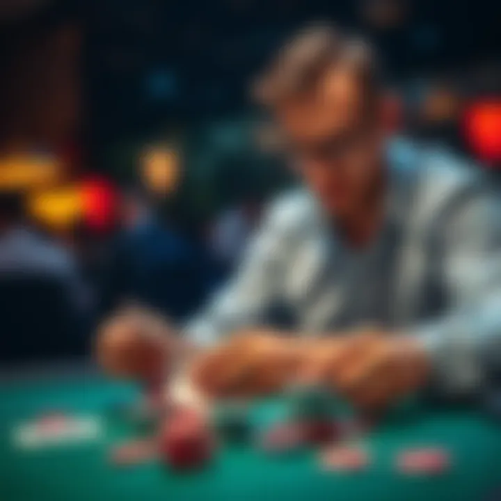 Poker player making a strategic decision A focused poker player analyzing their cards and chips at a table, considering strategies against a high VPIP opponent