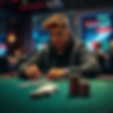 Poker player using strategies A person sitting at a poker table, focused on the game, analyzing cards and chips, reflecting on strategies for success, with chips stacked neatly.