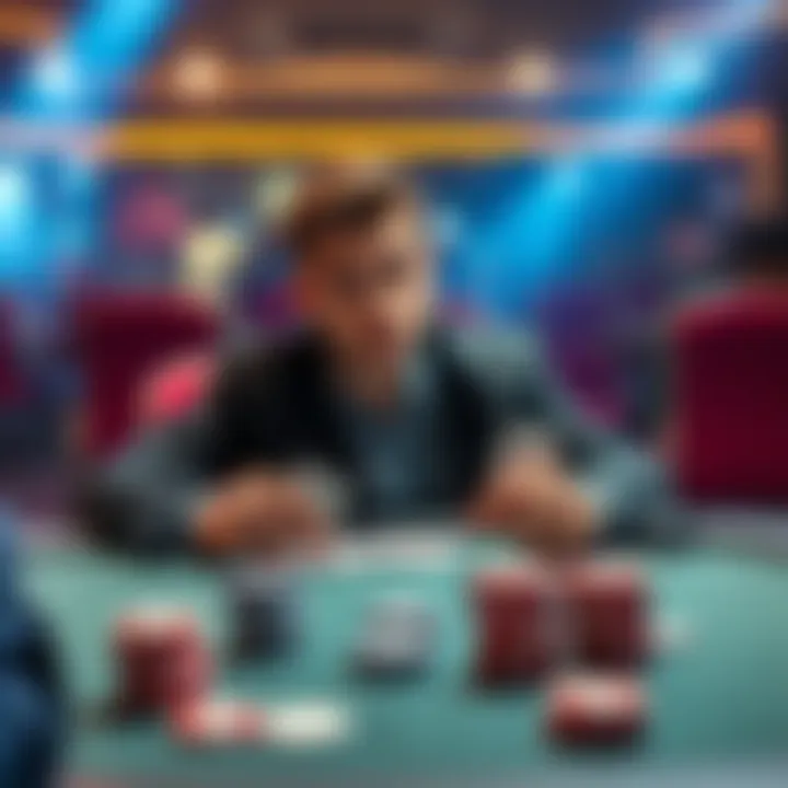 A poker player sits at a table looking thoughtful, holding cards while considering aggressive strategies versus intuitive play.
