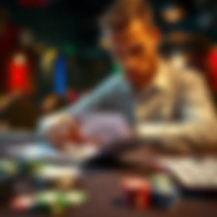 A focused poker player reviews notes and strategies to improve their game at a table with cards and chips