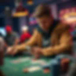 Poker player strategizing at a table A confident poker player analyzing cards and chips during a 3bet-Pot game, showing focus and strategy.
