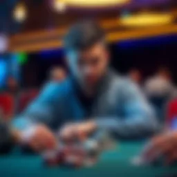 A poker player at a table considering strategies during a tournament, with chips in front and a focused expression.