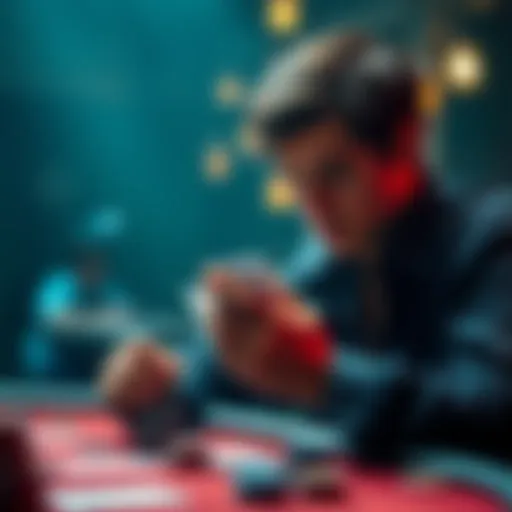 A poker player looks at his cards and chips, contemplating his betting strategy at the Flop and Turn.