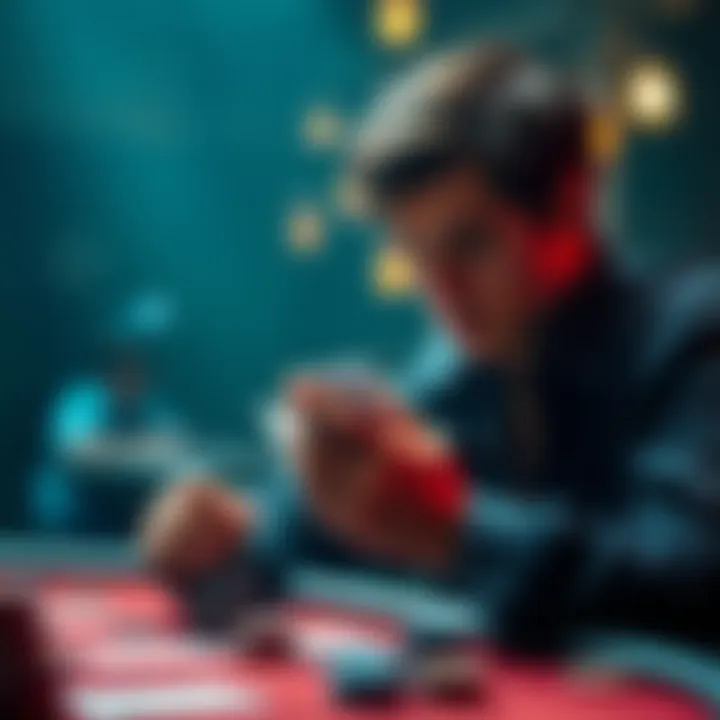 A poker player looks at his cards and chips, contemplating his betting strategy at the Flop and Turn.