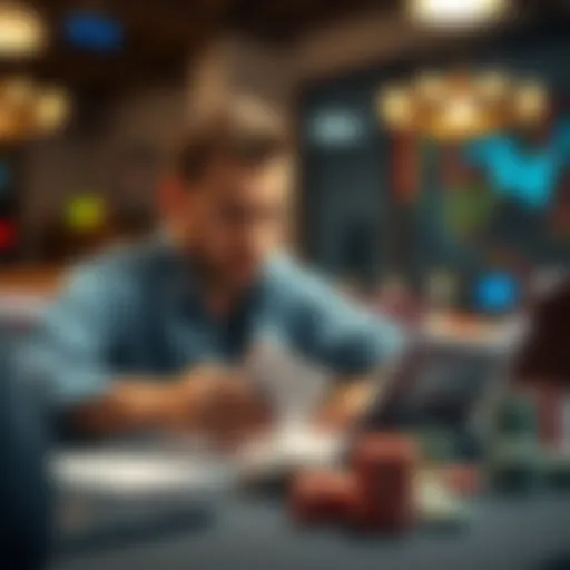 A poker player studying cards and strategy guides at a table