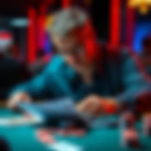 Poker player analyzing strategy A focused poker player reviews hand history and strategy notes while seated at a poker table with cards and chips in front of him.
