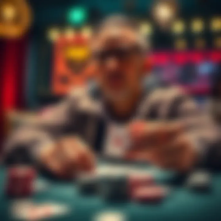 A poker player focused on his cards with chips and a game table in the background.
