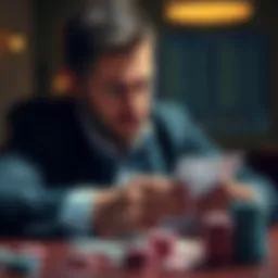 Poker player analyzing strategy A poker player looking at cards and chips while considering changes to his strategy against weak opponents
