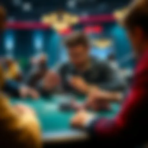 Poker player analyzing strategy at the table A poker player sits at a live poker table, focused on their cards while observing other players. The scene showcases a tense atmosphere filled with concentration and strategy.