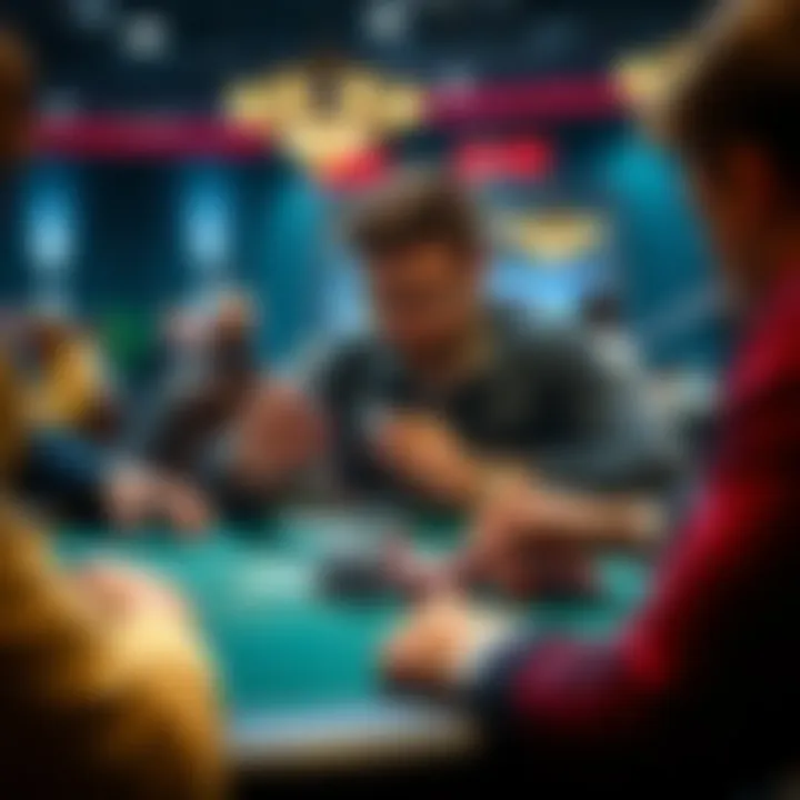 Poker player analyzing strategy at the table A poker player sits at a live poker table, focused on their cards while observing other players. The scene showcases a tense atmosphere filled with concentration and strategy.