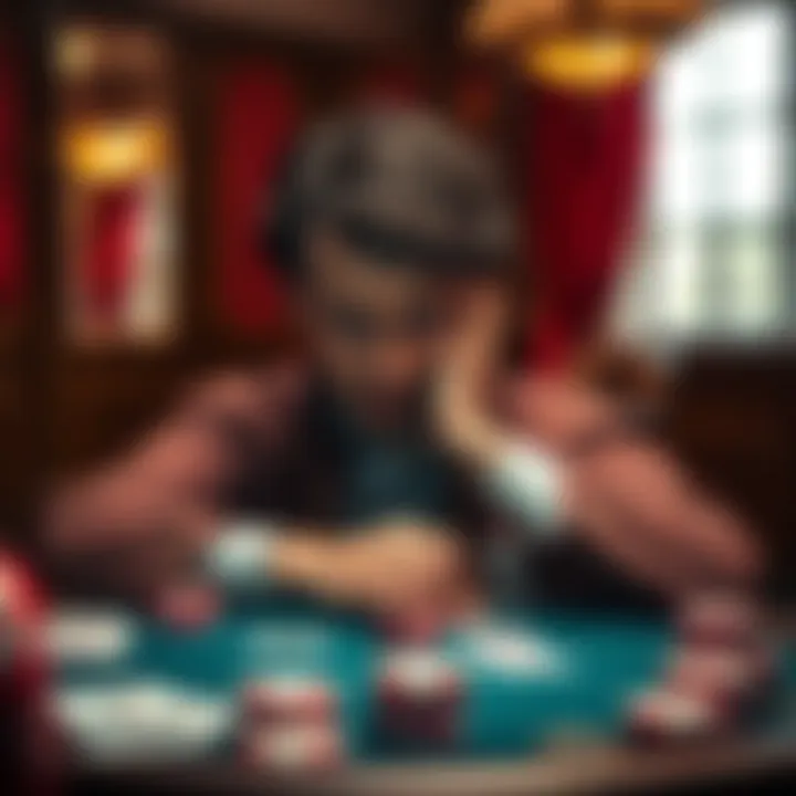 Poker player experiencing stress A person sitting at a poker table, showing signs of stress with a worried expression, surrounded by playing cards and chips.