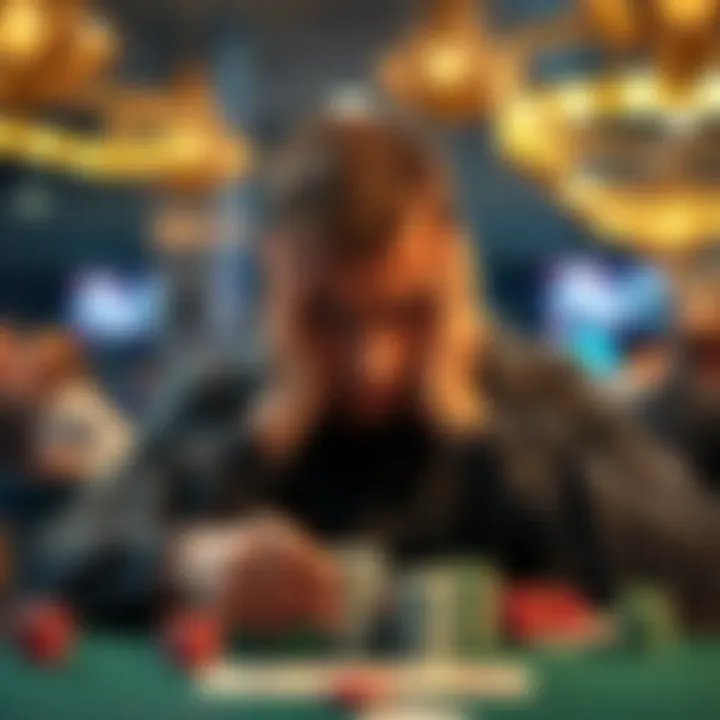 A poker player looking worried while sitting at a table with cards and chips, reflecting on the emotional impact of losses in the game.