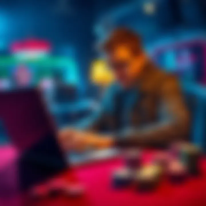A focused individual analyzing poker hands and strategies on a laptop at a table with cards and chips