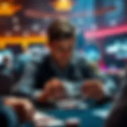 A focused poker player studying their hand of cards at a table, surrounded by chips and other players.
