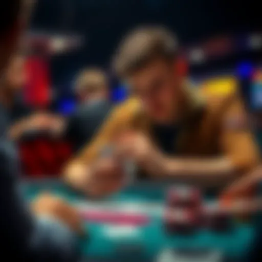A focused poker player studying cards at a table, using strategies to read opponents