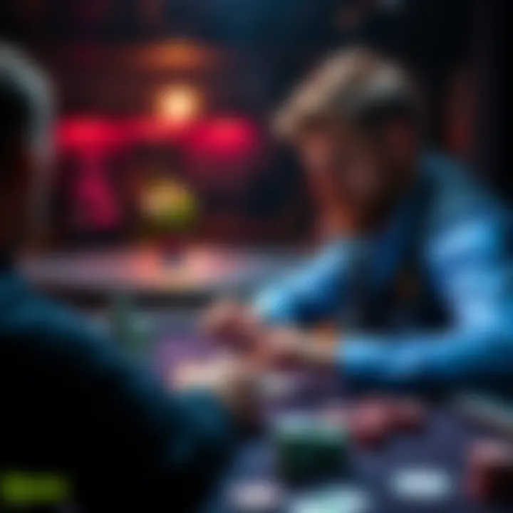 A focused poker player studying river scenarios at a table, with cards and chips visible.