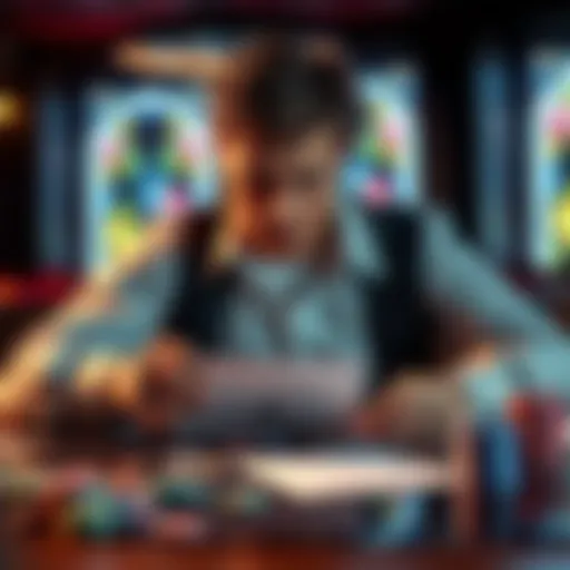 A focused poker player analyzing game strategies with cards and notes on a table