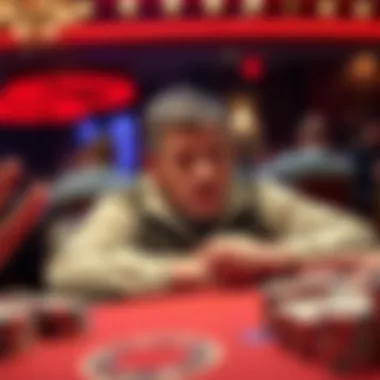 An experienced poker player looks surprised at a table with cards and chips, showing his shock after a surprising moment in the game.