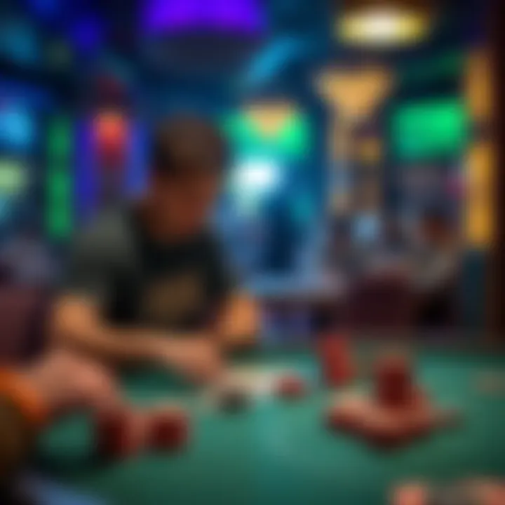 A casual poker player is focused on his cards and chips at a micro-stakes poker table, contemplating his next move.