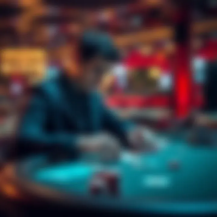 A focused poker player studying cards at a table, considering strategy for a game