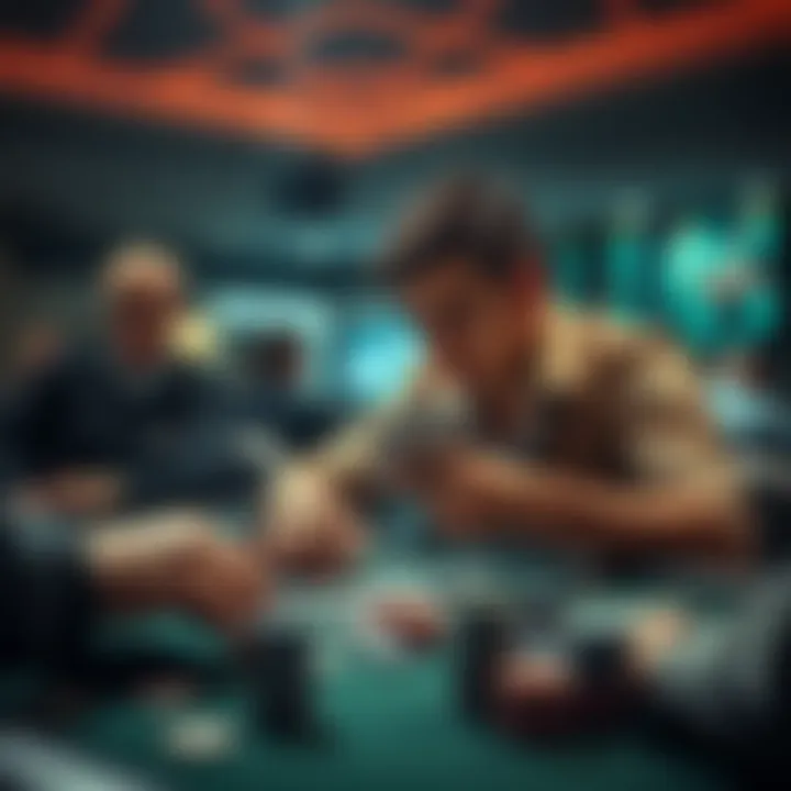 A focused poker player analyzing cards at a table, surrounded by chips and other players.