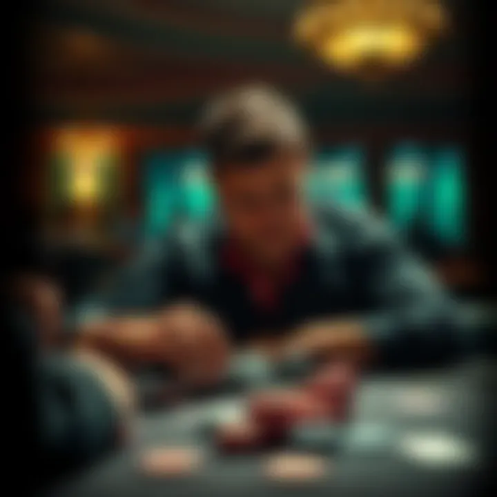 A poker player focused on their cards and chips at a table, contemplating their next move.