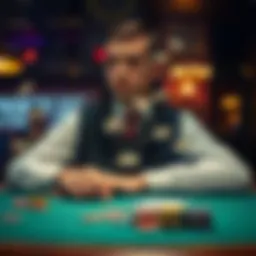 A focused poker player concentrating on cards at a table, showcasing a mix of confidence and realization about their skills, with chips and cards in front of them.