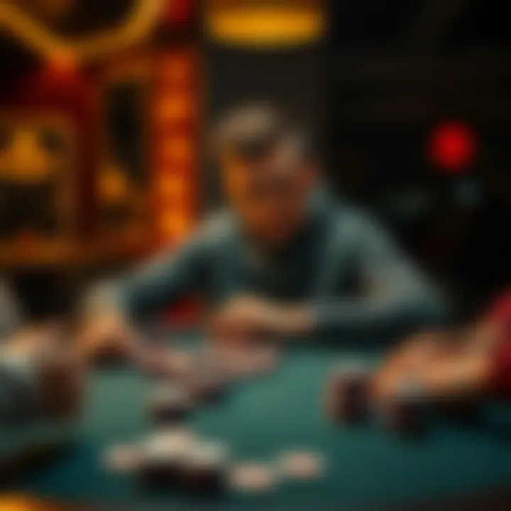 A focused poker player sitting at a table, surrounded by cards and chips, strategizing their next move.