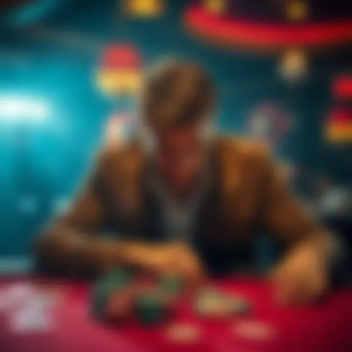 A focused poker player in intense concentration at a poker table, surrounded by chips and cards, illustrating the emotional highs and lows of the game.