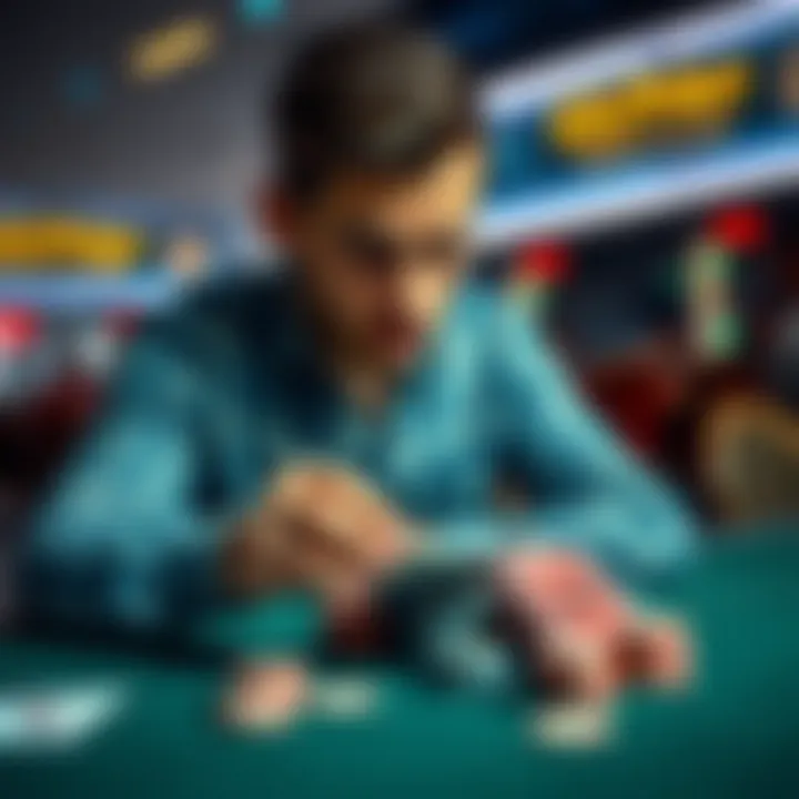 Poker player examining chips A poker player looking thoughtfully at chips and cards on a table, symbolizing the balance between rewards and real winnings in online poker.