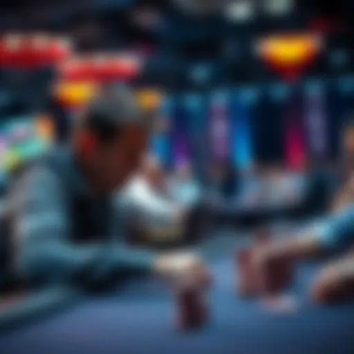 Poker player at a tournament A frustrated player at a poker table during a tournament, facing an opponent with physical challenges affecting the game speed