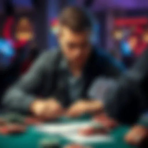 A nervous poker player studying strategies and tips for the $109 Mystery Bounty Tournament with tournament materials on the table.