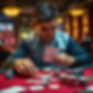 A focused poker player analyzing cards and chips at a table, employing a triple barrel strategy to maximize wins at micro-stakes.