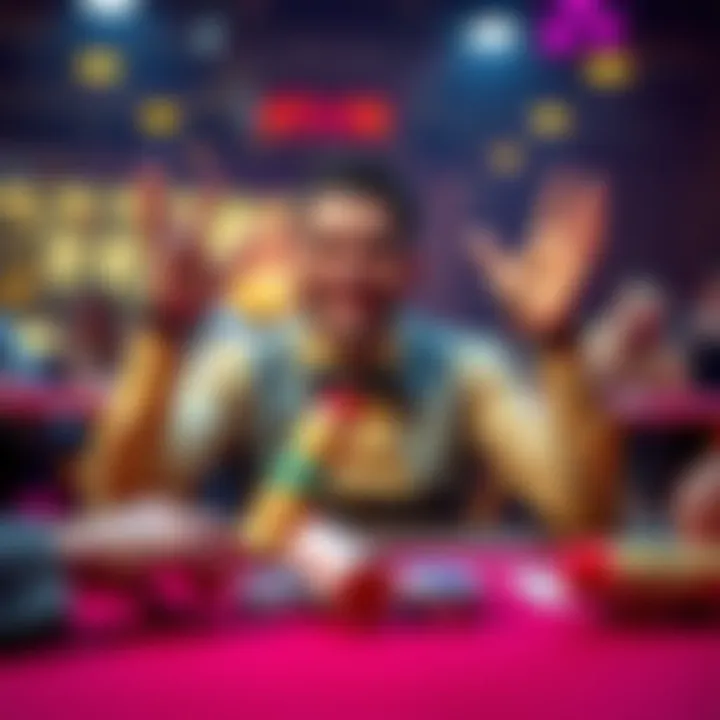 A poker player smiles and raises their hands in celebration at the table after winning unexpectedly due to a mistake during the game