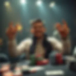 A poker player smiles and raises their hands in victory at a table full of chips and cards