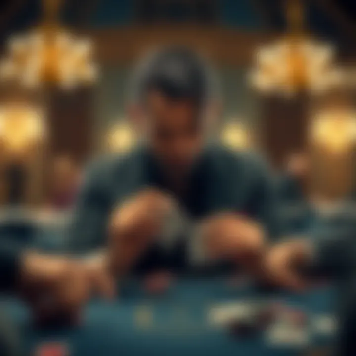A focused poker player, referred to as 'Villain', strategizing during a game with cards in hand and chips in front.